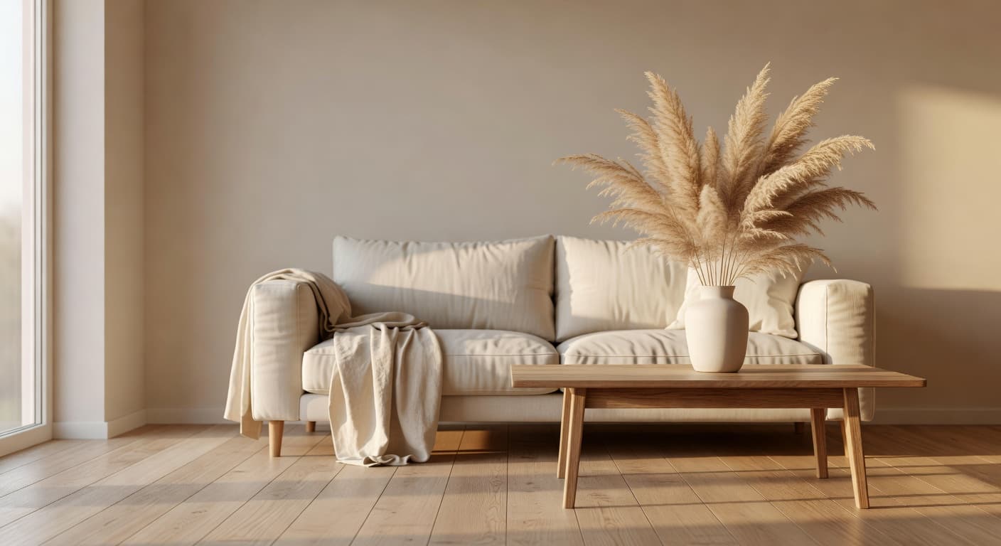 Minimalist living room with cream linen sofa and pampas grass