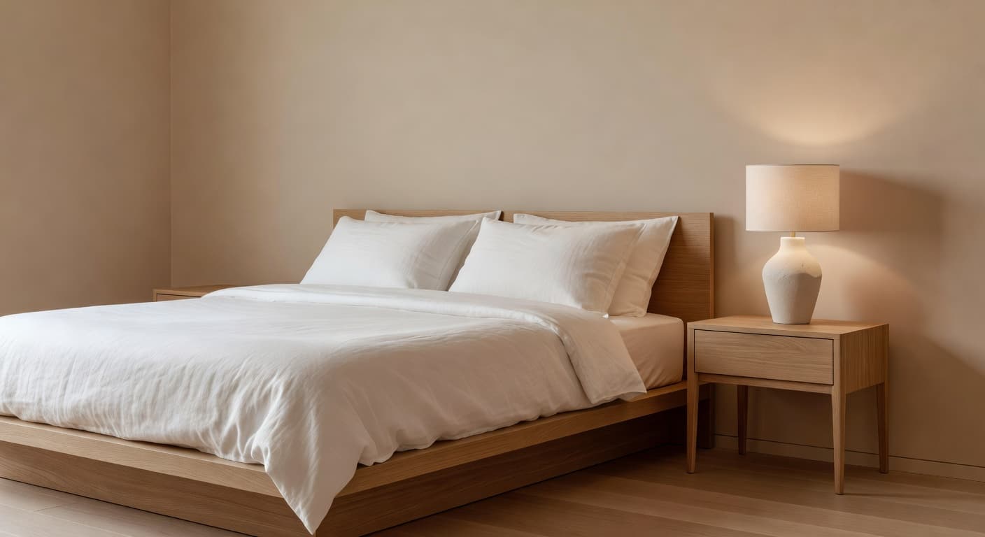 Serene bedroom with oak bed frame and white linen bedding